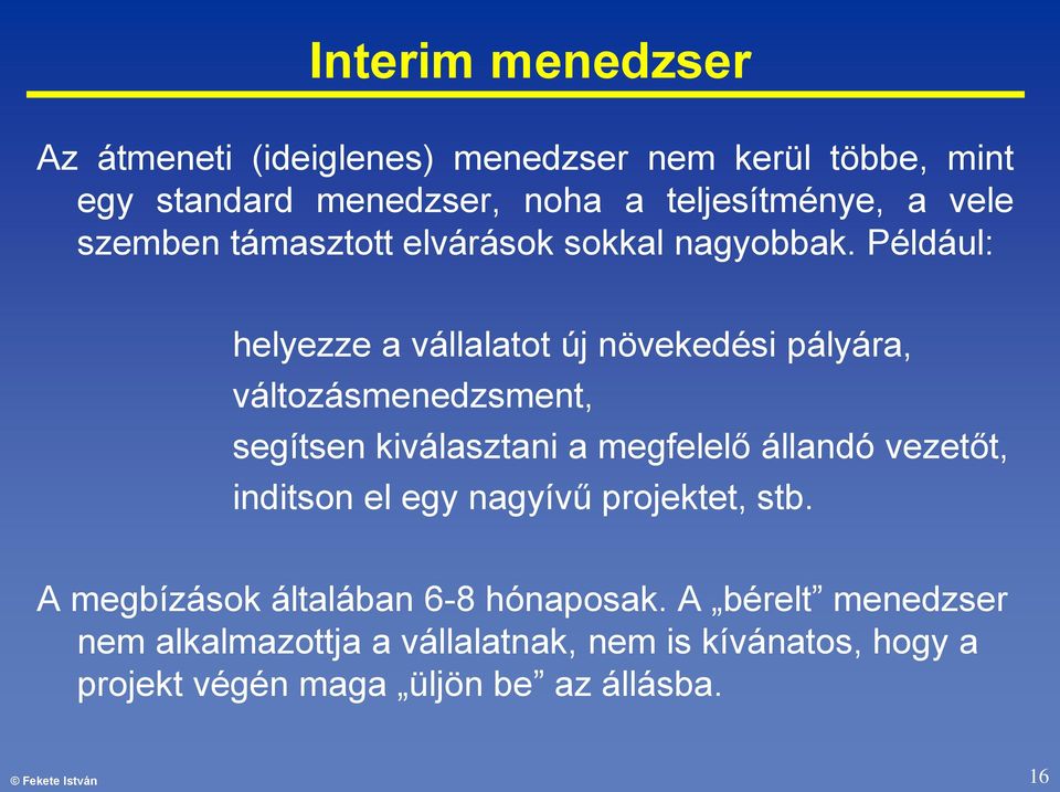 Például: helyezze a vállalatot új növekedési pályára, változásmenedzsment, segítsen kiválasztani a megfelelő állandó vezetőt,