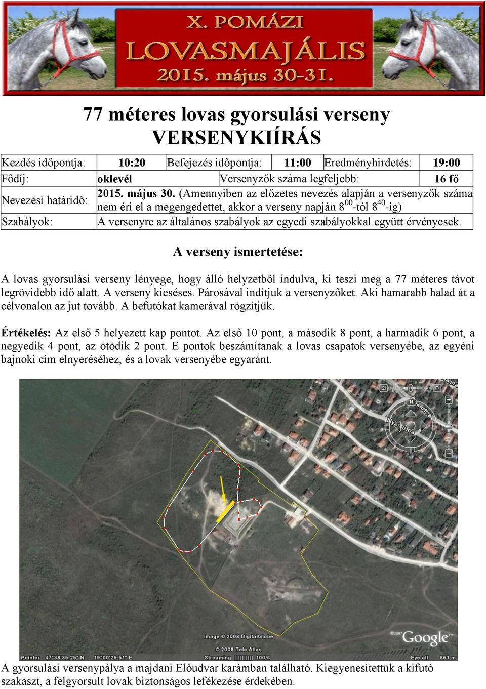 együtt érvényesek. A lovas gyorsulási verseny lényege, hogy álló helyzetből indulva, ki teszi meg a 77 méteres távot legrövidebb idő alatt. A verseny kieséses. Párosával indítjuk a versenyzőket.