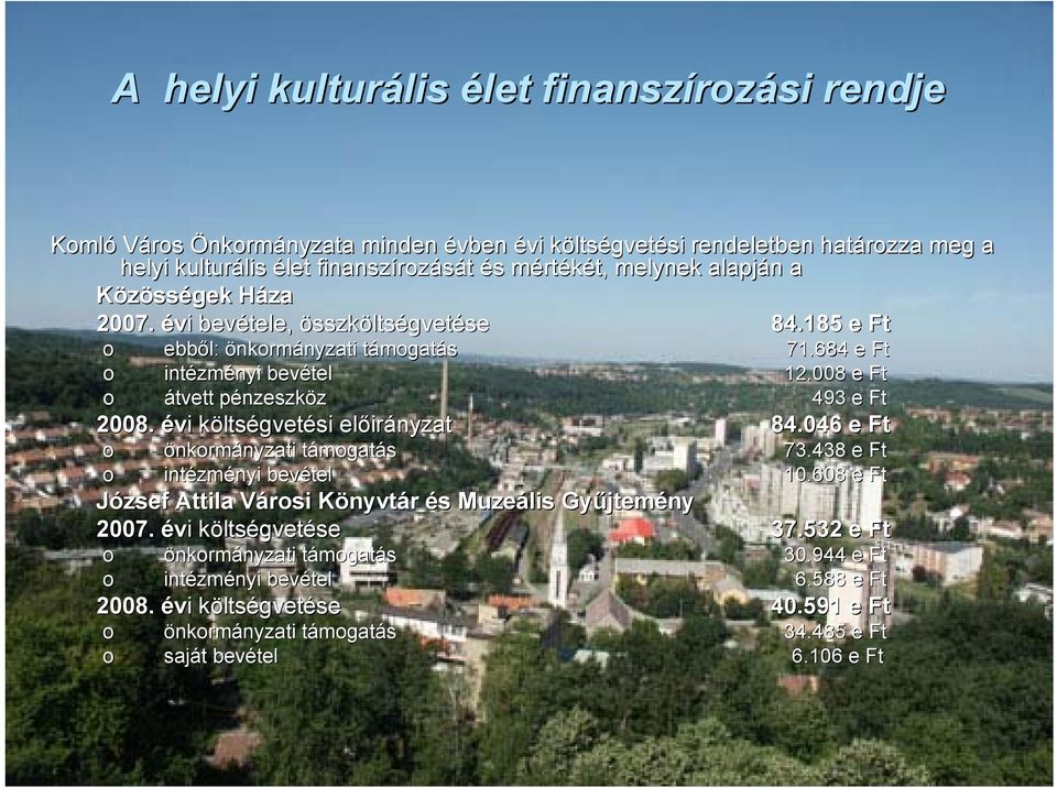 185 e Ft o o o ebből: önkormányzati nyzati támogatt mogatás intézm zményi bevétel átvett pénzeszkp nzeszköz 2008.