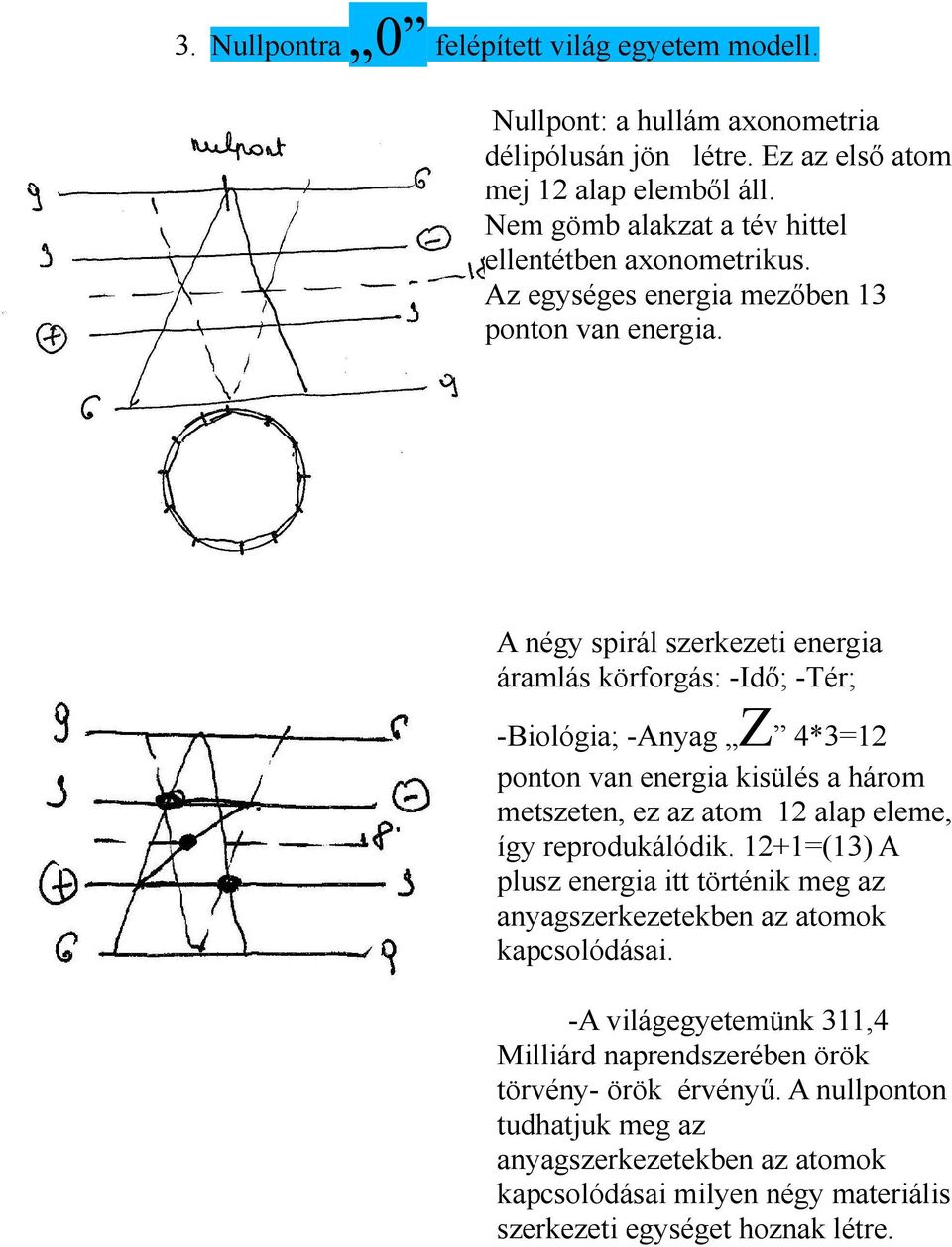 A négy spirál szerkezeti energia áramlás körforgás: -Idő; -Tér; -Biológia; -Anyag Z 4*3=12 ponton van energia kisülés a három metszeten, ez az atom 12 alap eleme, így reprodukálódik.