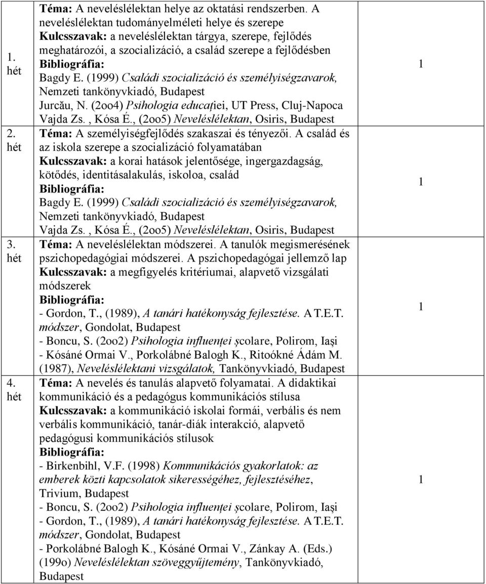 (999) Családi szocializáció és személyiségzavarok, Jurcău, N. (2oo4) Psihologia educației, UT Press, Cluj-Napoca Vajda Zs., Kósa É.