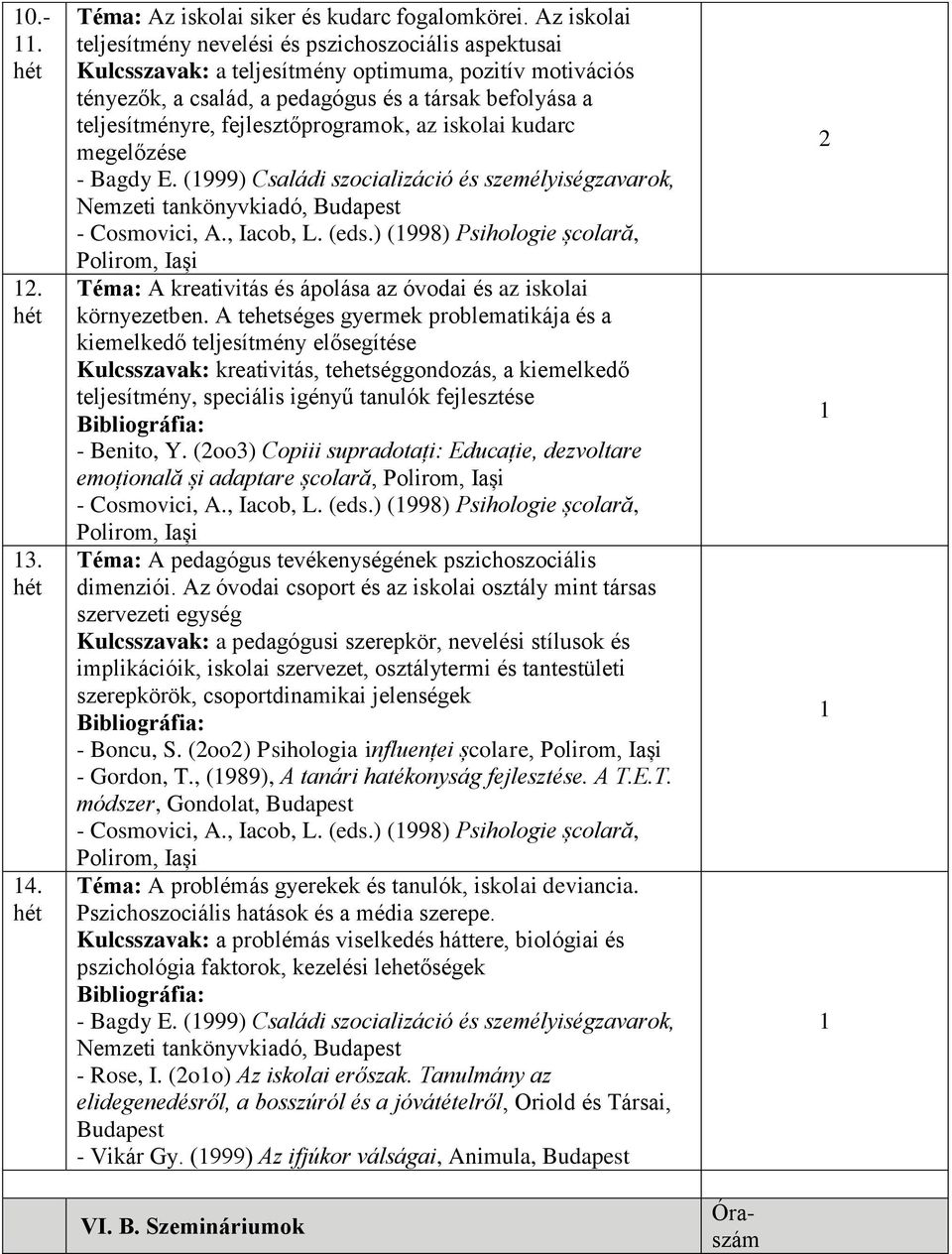 fejlesztőprogramok, az iskolai kudarc megelőzése - Bagdy E. (999) Családi szocializáció és személyiségzavarok, - Cosmovici, A., Iacob, L. (eds.