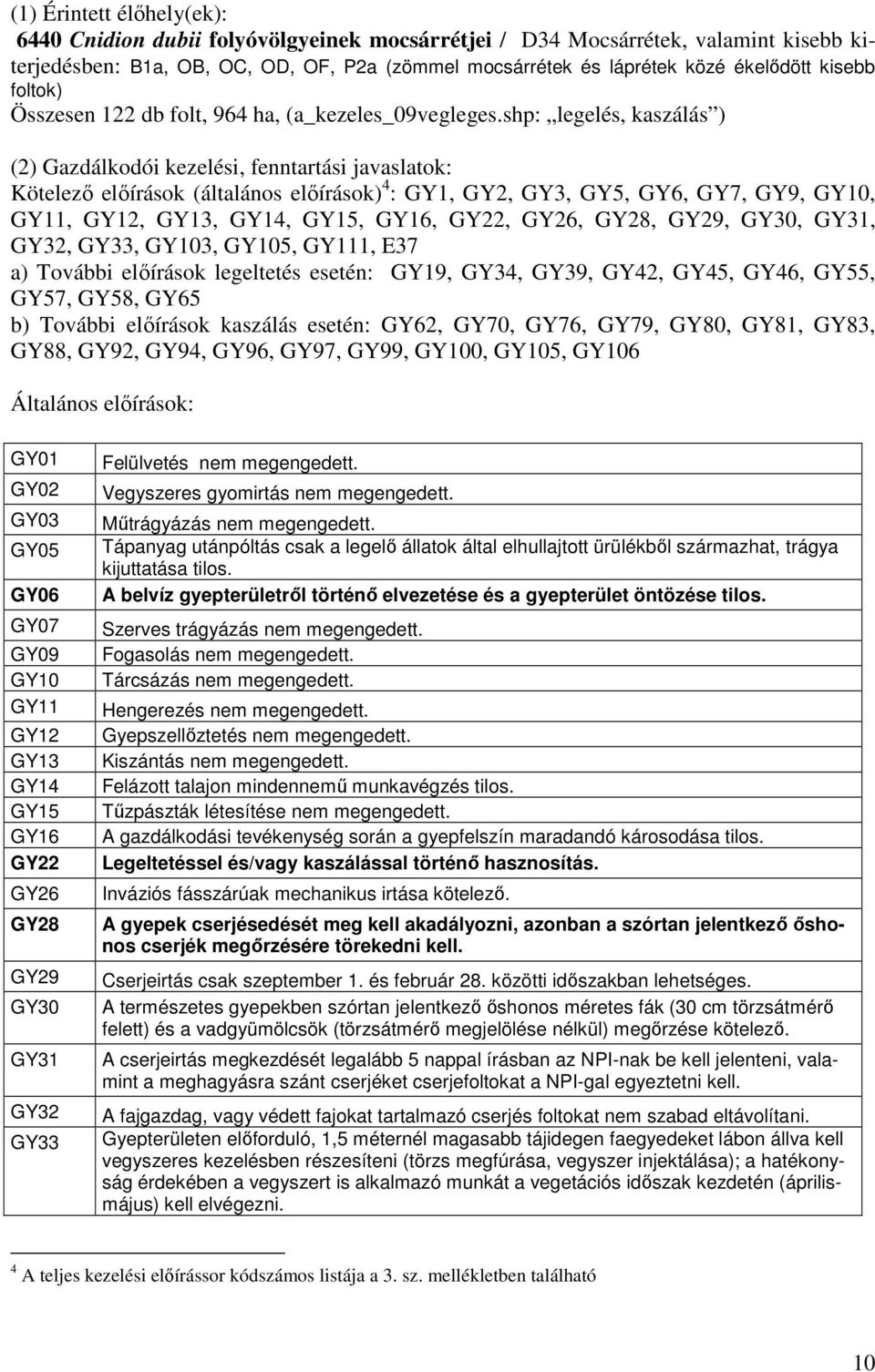 shp: legelés, kaszálás ) (2) Gazdálkodói kezelési, fenntartási javaslatok: Kötelezı elıírások (általános elıírások) 4 : GY1, GY2, GY3, GY5, GY6, GY7, GY9, GY10, GY11, GY12, GY13, GY14, GY15, GY16,