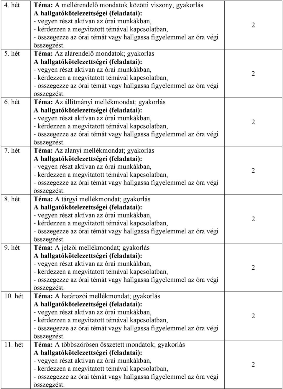 hét Téma: Az alanyi mellékmondat; gyakorlás 8. hét Téma: A tárgyi mellékmondat; gyakorlás 9.