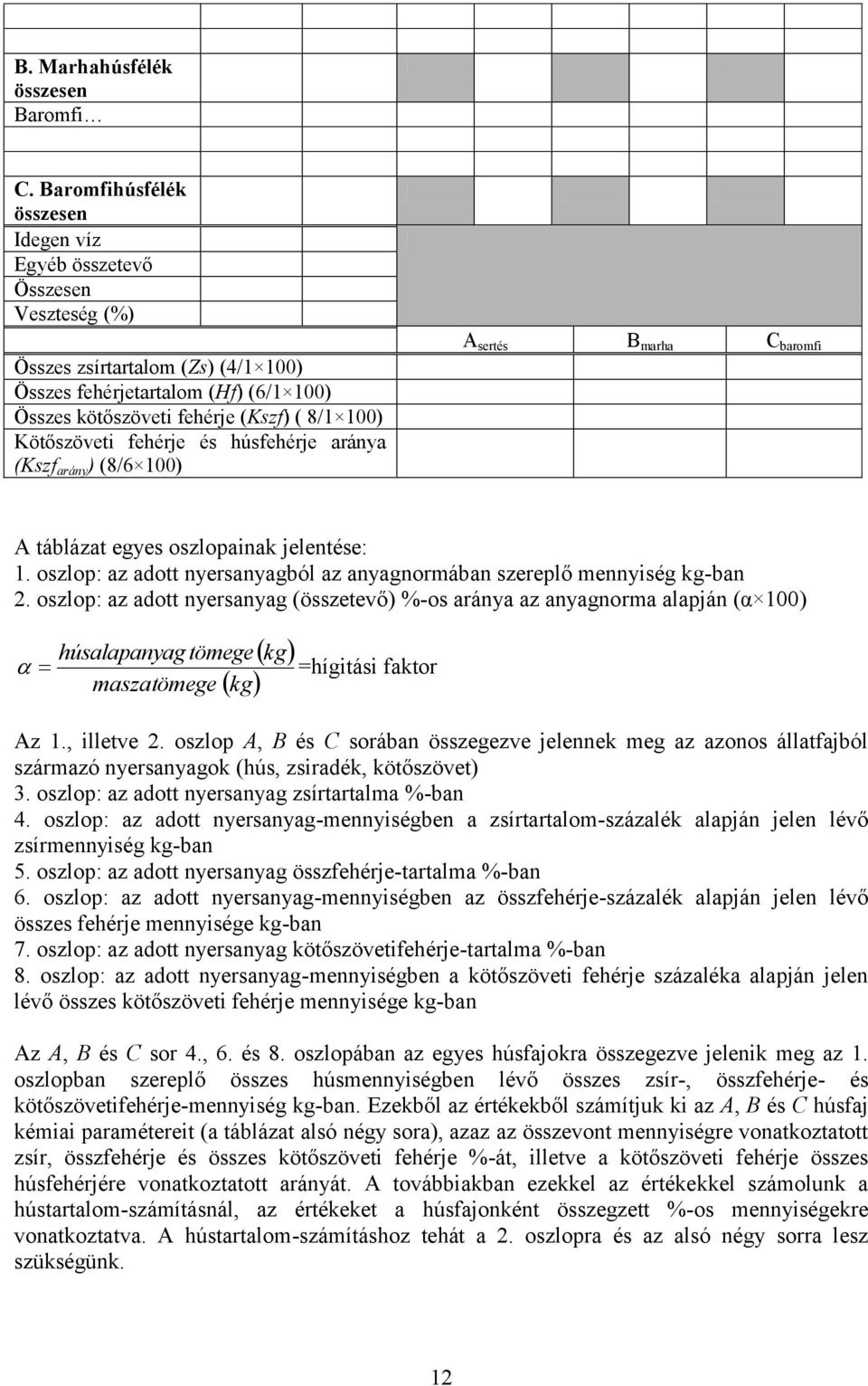 és húsfehérje aránya (Kszf arány ) (8/6 ) A sertés B marha C baromfi A táblázat egyes oszlopainak jelentése: 1. oszlop: az adott nyersanyagból az anyagnormában szereplő mennyiség kg-ban 2.