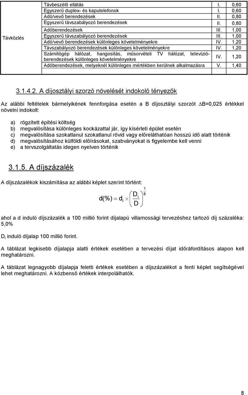 1,20 Számítógép hálózat, hangosítás, műsorvételi TV hálózat, televízióberendezések különleges követelményekre IV. 1,20 Adóberendezések, melyeknél különleges mértékben kerülnek alkalmazásra V. 1,40 3.