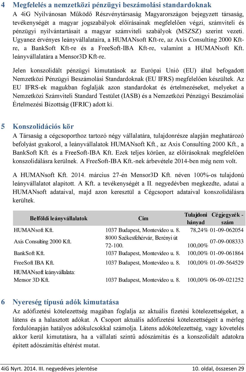 Ugyanez érvényes leányvállalataira, a HUMANsoft Kft-re, az Axis Consulting 2000 Kftre, a BankSoft Kft-re és a FreeSoft-IBA Kft-re, valamint a HUMANsoft Kft. leányvállalatára a Mensor3D Kft-re.