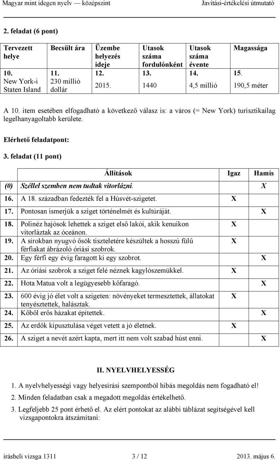 feladat (11 pont) Állítások Igaz Hamis (0) Széllel szemben nem tudtak vitorlázni. X 16. A 18. században fedezték fel a Húsvét-szigetet. X 17. Pontosan ismerjük a sziget történelmét és kultúráját.