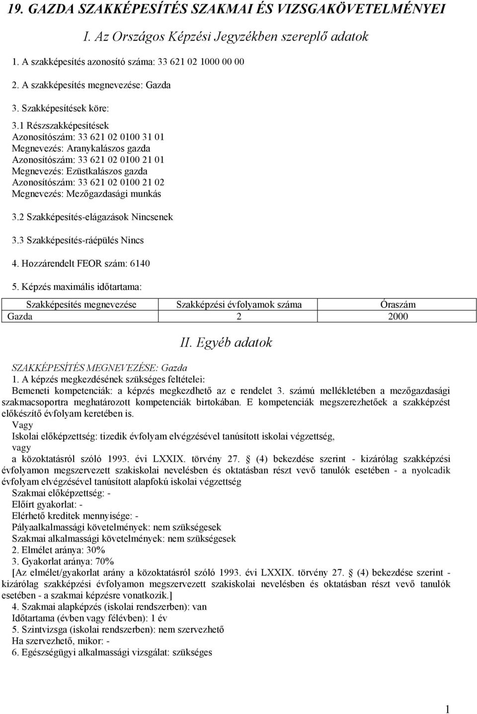 1 Részszakképesítések Azonosítószám: 33 621 02 0100 31 01 Megnevezés: Aranykalászos gazda Azonosítószám: 33 621 02 0100 21 01 Megnevezés: Ezüstkalászos gazda Azonosítószám: 33 621 02 0100 21 02