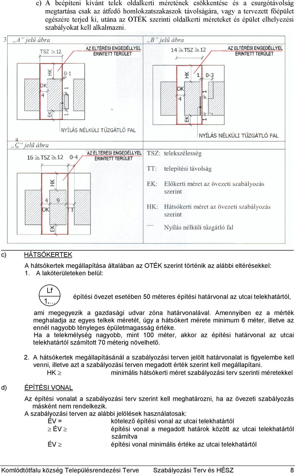A lakóterületeken belül: Lf 1... építési övezet esetében 50 méteres építési határvonal az utcai telekhatártól, ami megegyezik a gazdasági udvar zóna határvonalával.