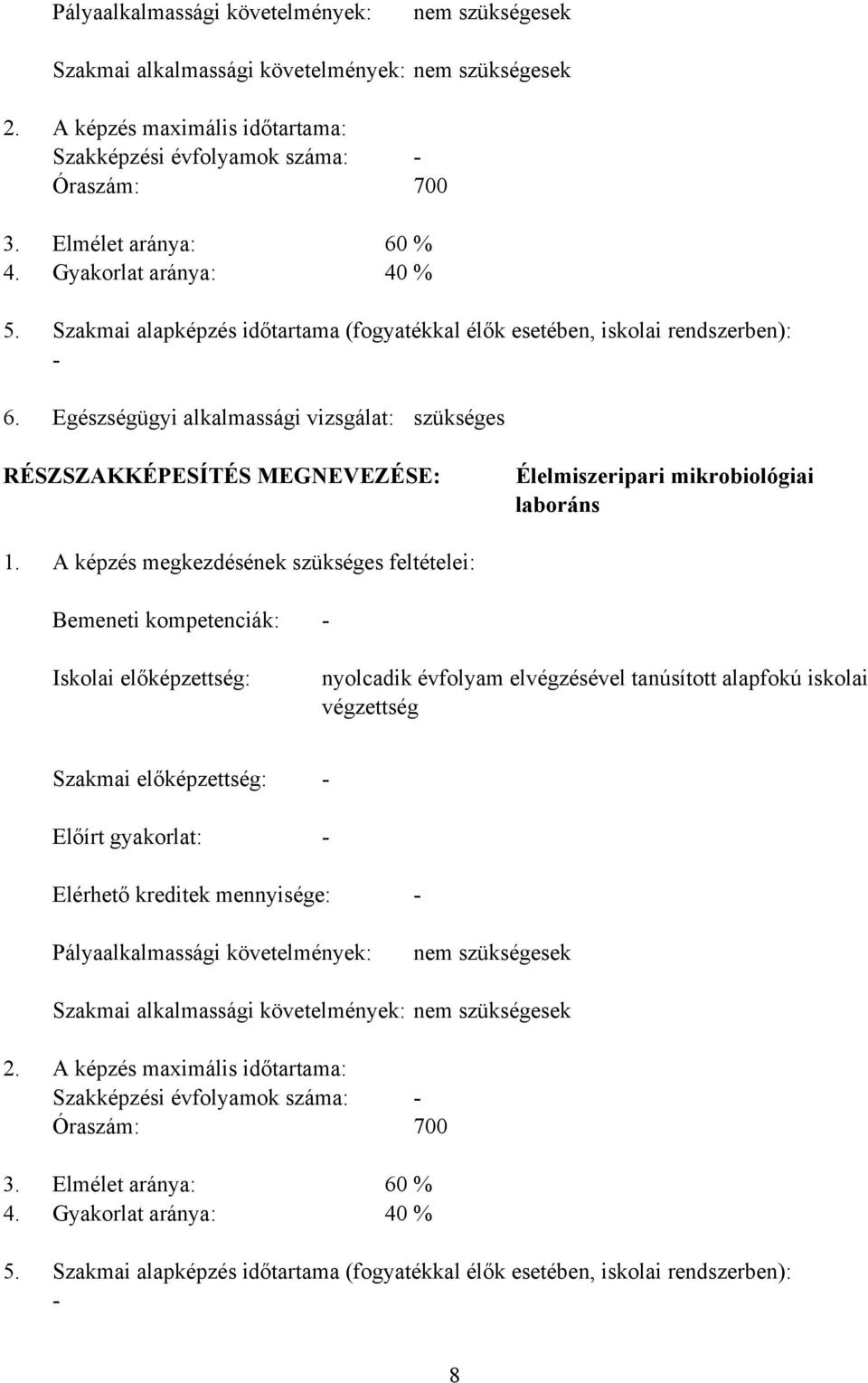 Egészségügyi alkalmassági vizsgálat: szükséges RÉSZSZAKKÉPESÍTÉS MEGNEVEZÉSE: Élelmiszeripari mikrobiológiai laboráns 1.