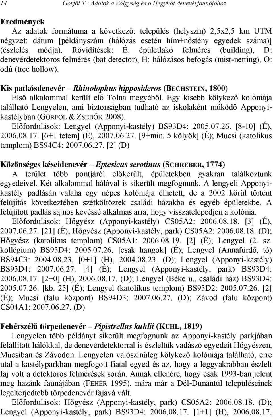 száma)] (észlelés módja). Rövidítések: É: épületlakó felmérés (building), D: denevérdetektoros felmérés (bat detector), H: hálózásos befogás (mist-netting), O: odú (tree hollow).