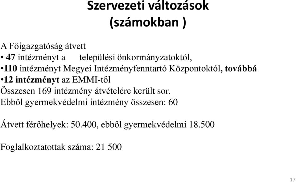 intézményt az EMMI-től Összesen 169 intézmény átvételére került sor.