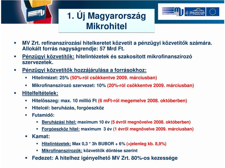 márciusban) Mikrofinanszírozó szervezet: 10% (20%-ról csökkentve 2009. márciusban) Hitelfeltételek: Hitelösszeg: max. 10 millió Ft (6 mft-ról megemelve 2008.