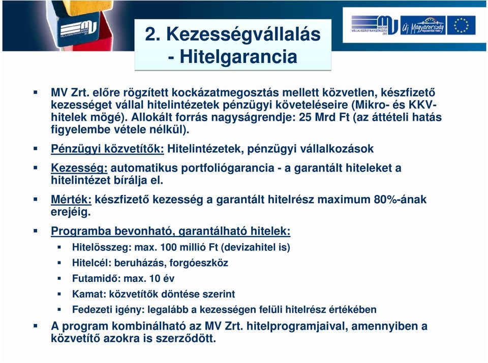 Pénzügyi közvetítők: Hitelintézetek, pénzügyi vállalkozások Kezesség: automatikus portfoliógarancia - a garantált hiteleket a hitelintézet bírálja el.