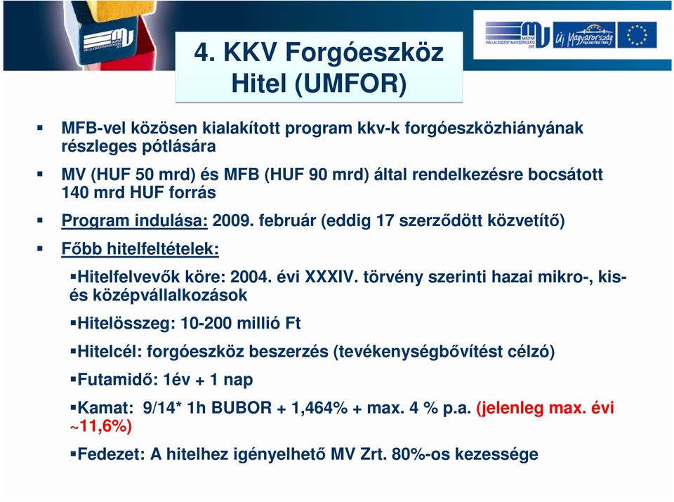 törvény szerinti hazai mikro-, kisés középvállalkozások Hitelösszeg: 10-200 millió Ft Hitelcél: forgóeszköz beszerzés (tevékenységbővítést célzó) Futamidő: