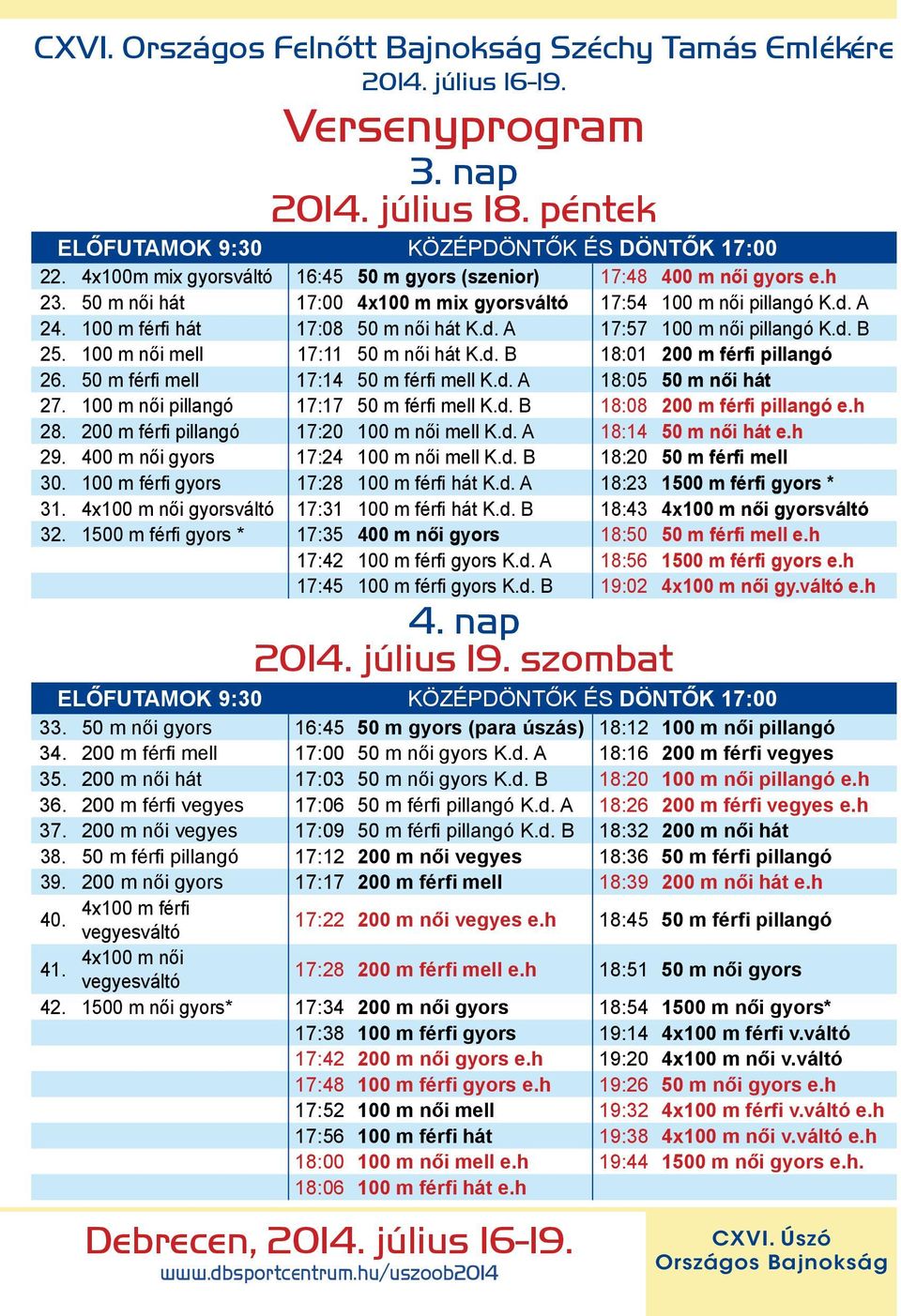 d. B 25. 100 m női mell 17:11 50 m női hát K.d. B 18:01 200 m férfi pillangó 26. 50 m férfi mell 17:14 50 m férfi mell K.d. A 18:05 50 m női hát 27. 100 m női pillangó 17:17 50 m férfi mell K.d. B 18:08 200 m férfi pillangó e.