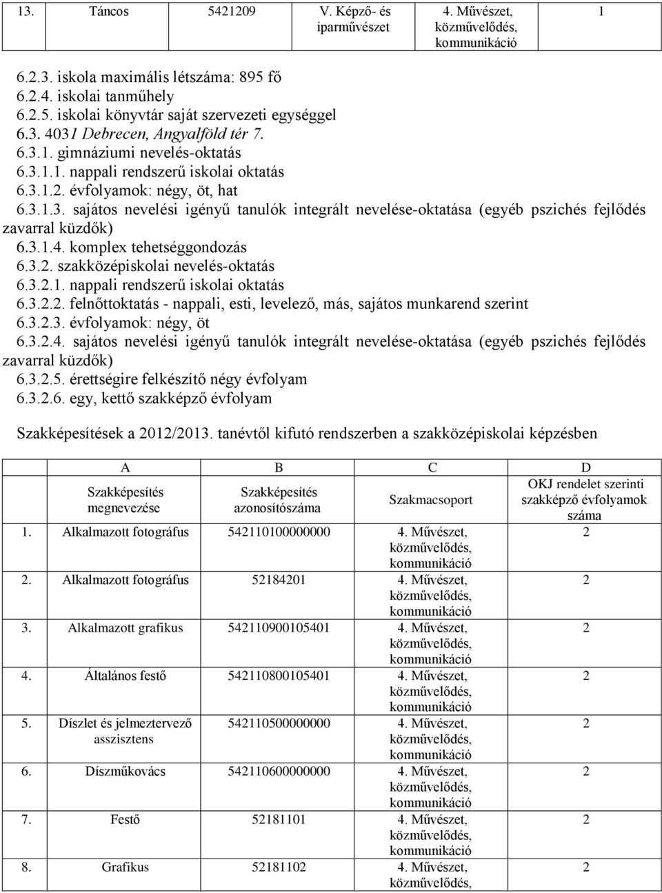 3... nappali rendszerű iskolai oktatás 6.3... felnőttoktatás - nappali, esti, levelező, más, sajátos munkarend szerint 6.3..3. : négy, öt 6.3..4.