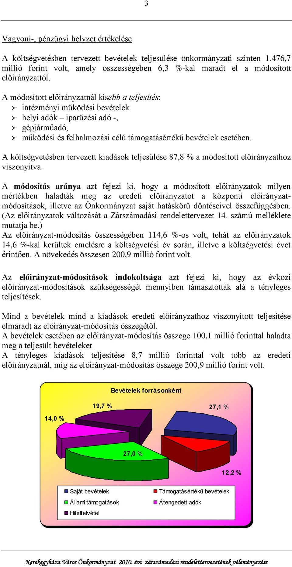 A módosított előirányzatnál kisebb a teljesítés: intézményi működési bevételek helyi adók iparűzési adó -, gépjárműadó, működési és felhalmozási célú támogatásértékű bevételek esetében.