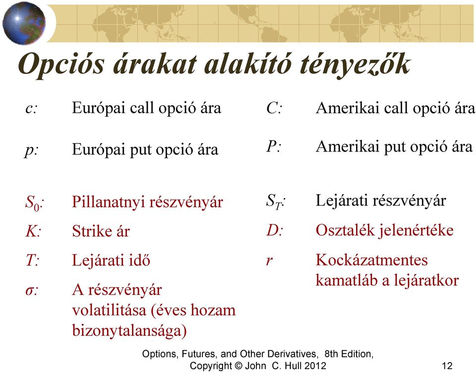 Strike ár T: Lejárati idő σ: A részvényár volatilitása (éves hozam bizonytalansága) S