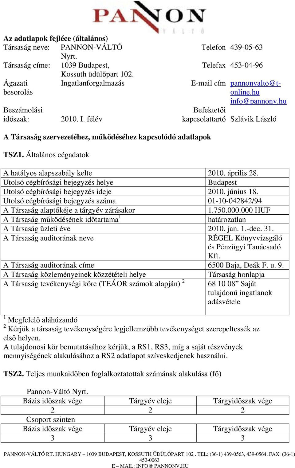 hu Befektetői kapcsolattartó Szlávik László A Társaság szervezetéhez, működéséhez kapcsolódó adatlapok TSZ1. Általános cégadatok A hatályos alapszabály kelte 2010. április 28.