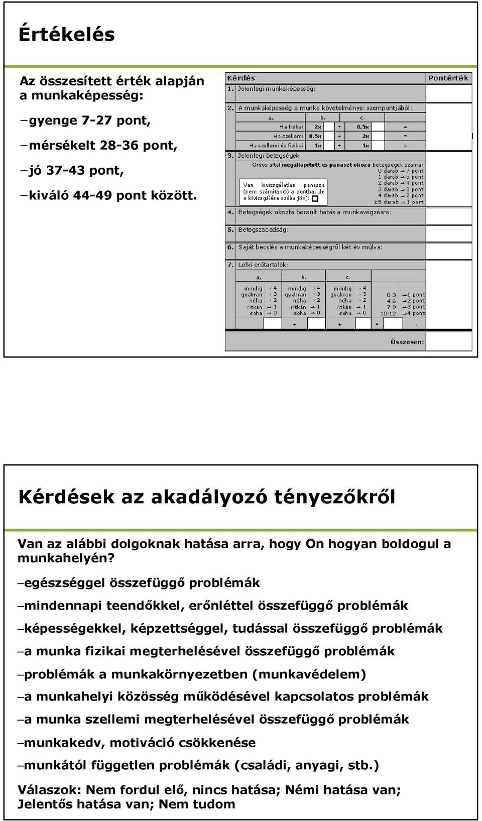 egészséggel összefüggő problémák mindennapi teendőkkel, erőnléttel összefüggő problémák képességekkel, képzettséggel, tudással összefüggő problémák a munka fizikai megterhelésével összefüggő