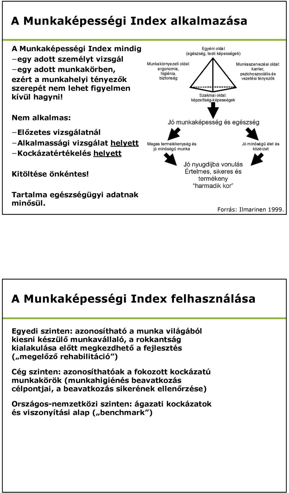 A Munkaképességi Index felhasználása Egyedi szinten: azonosíthatóa munka világából kiesni készülő munkavállaló, a rokkantság kialakulása előtt megkezdhető a fejlesztés ( megelőző rehabilitáció )