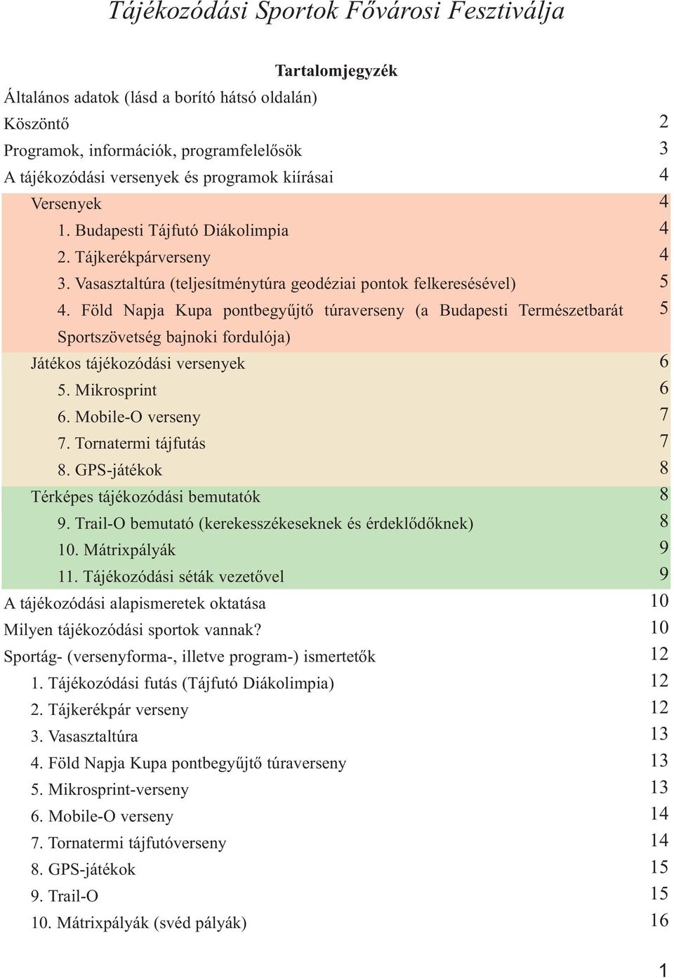Föld Napja Kupa pontbegyűjtő túraverseny (a Budapesti Természetbarát Sportszövetség bajnoki fordulója) Játékos tájékozódási versenyek 5. Mikrosprint 6. Mobile-O verseny 7. Tornatermi tájfutás 8.