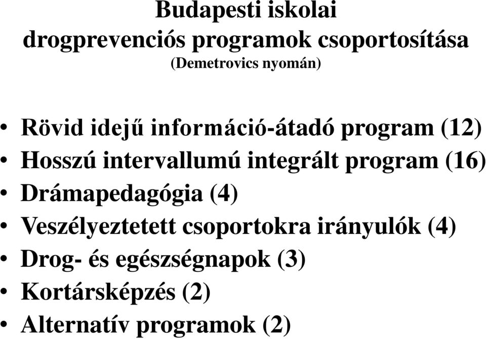 integrált program (16) Drámapedagógia (4) Veszélyeztetett csoportokra
