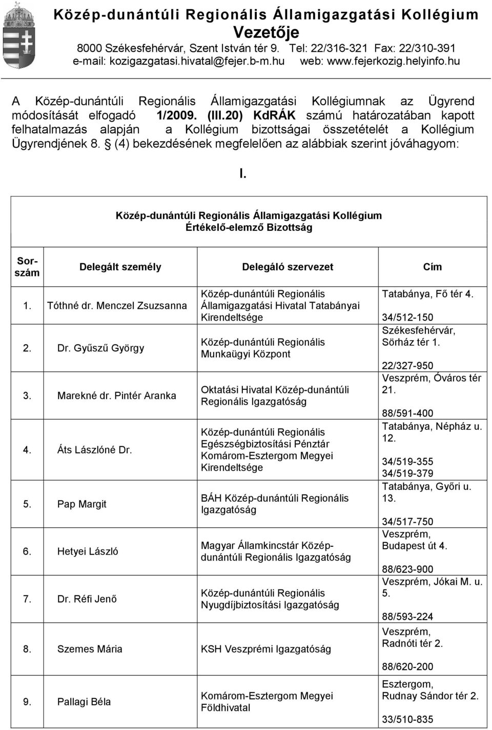 20) KdRÁK számú határozatában kapott felhatalmazás alapján a Kollégium bizottságai összetételét a Kollégium Ügyrendjének 8. (4) bekezdésének megfelelően az alábbiak szerint jóváhagyom: I.