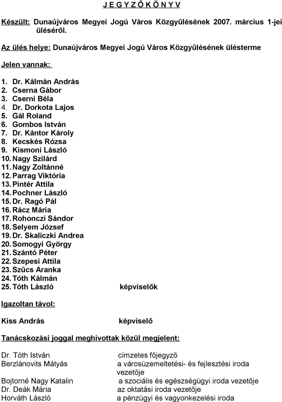 Parrag Viktória 13. Pintér Attila 14. Pochner László 15.Dr. Ragó Pál 16. Rácz Mária 17. Rohonczi Sándor 18. Selyem József 19. Dr. Skaliczki Andrea 20. Somogyi György 21. Szántó Péter 22.