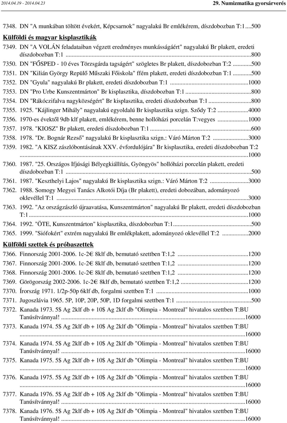 ..500 7351. DN "Kilián György Repülő Műszaki Főiskola" ffém plakett, eredeti díszdobozban T:1...500 7352. DN "Gyula" nagyalakú Br plakett, eredeti díszdobozban T:1...1000 7353.