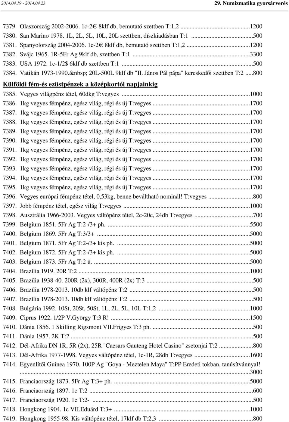 János Pál pápa" kereskedői szettben T:2...800 Külföldi fém-és ezüstpénzek a középkortól napjainkig 7385. Vegyes világpénz tétel, 60dkg T:vegyes...1000 7386.