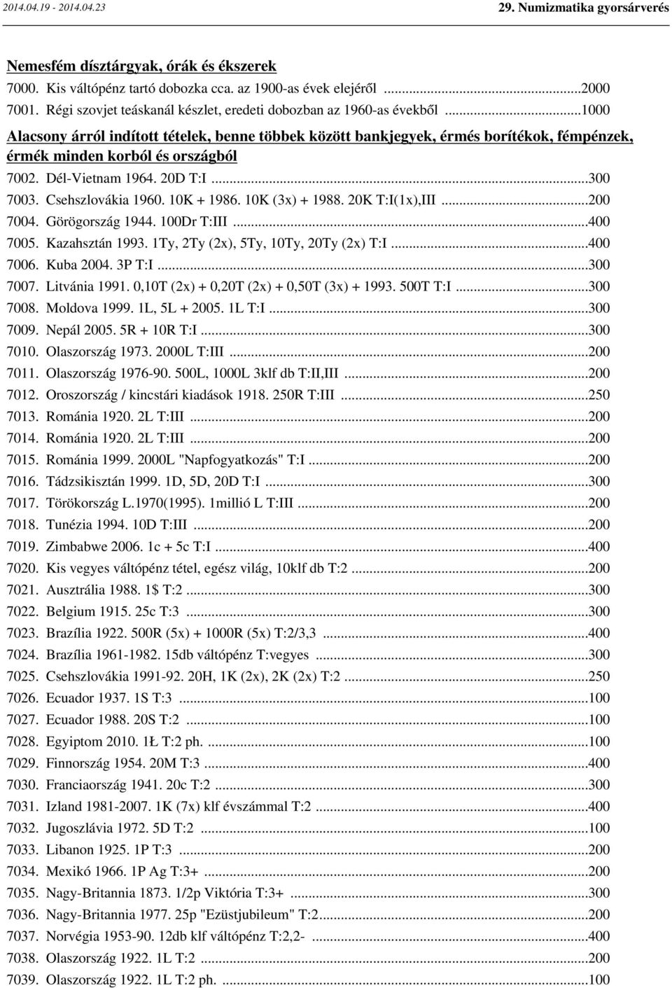 10K + 1986. 10K (3x) + 1988. 20K T:I(1x),III...200 7004. Görögország 1944. 100Dr T:III...400 7005. Kazahsztán 1993. 1Ty, 2Ty (2x), 5Ty, 10Ty, 20Ty (2x) T:I...400 7006. Kuba 2004. 3P T:I...300 7007.