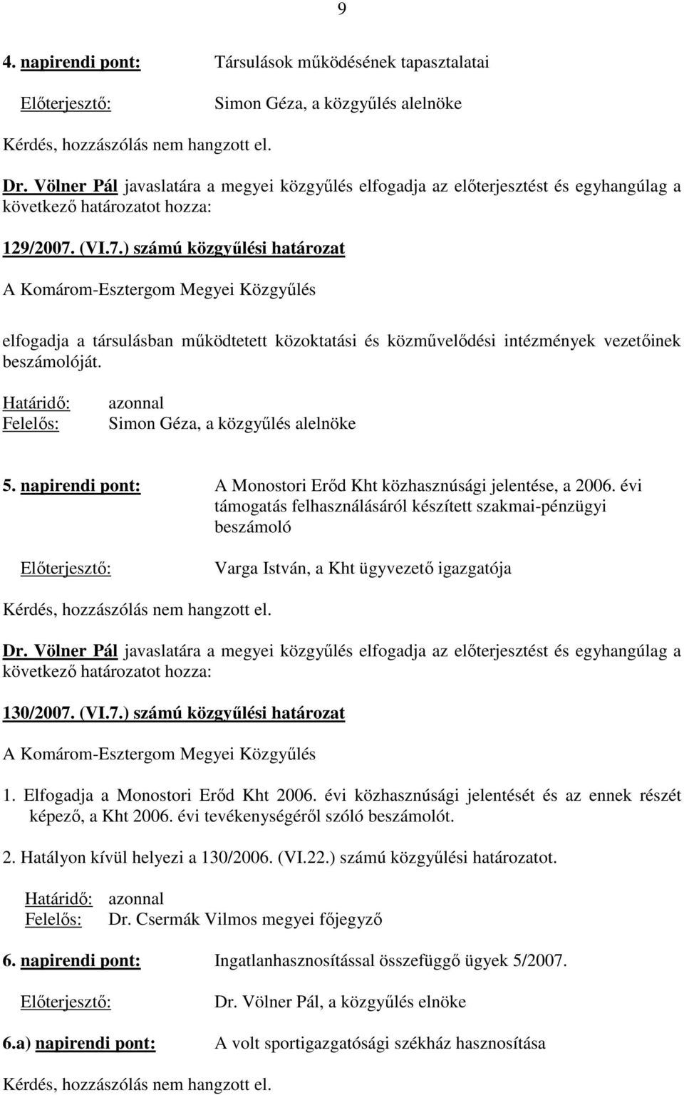 (VI.7.) számú közgyőlési határozat elfogadja a társulásban mőködtetett közoktatási és közmővelıdési intézmények vezetıinek beszámolóját. Határidı: Felelıs: azonnal Simon Géza, a közgyőlés alelnöke 5.