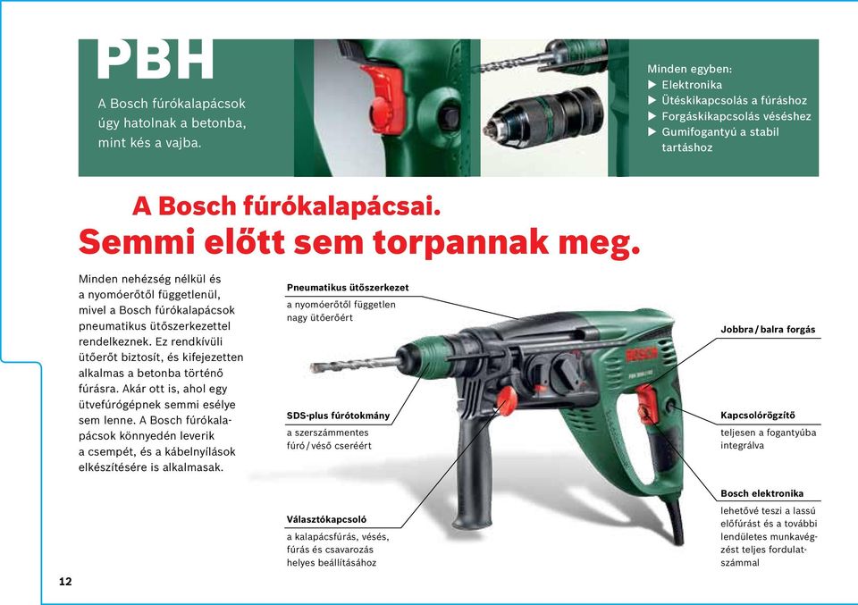 Minden nehézség nélkül és a nyomóerőtől függetlenül, mivel a Bosch fúrókalapácsok pneumatikus ütőszerkezettel rendelkeznek.