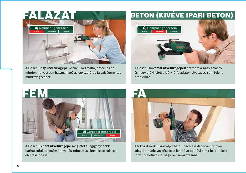 FÉM A Bosch Universal ütvefúrógépek számára a nagy átmérõk és nagy erõkifejtést igénylõ feladatok elvégzése sem jelent problémát.