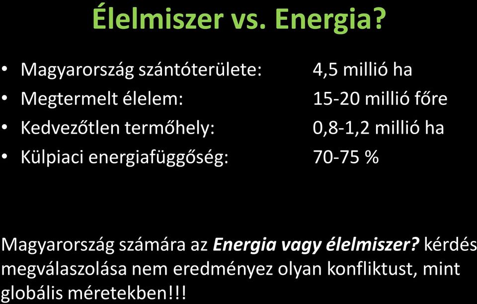főre Kedvezőtlen termőhely: 0,8-1,2 millió ha Külpiaci energiafüggőség: 70-75