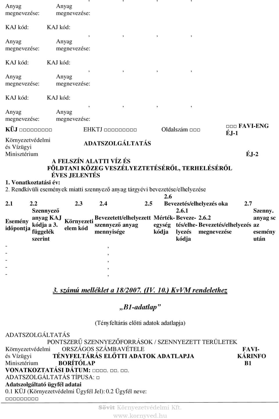 Rendkívüli események miatti szennyező anyag tárgyévi bevezetése/elhelyezése 2.1 2.2 2.3 2.4 2.5 Szennyező anyag KJ Bevezetett/elhelyezett Esemény Környezeti kódja a 3.