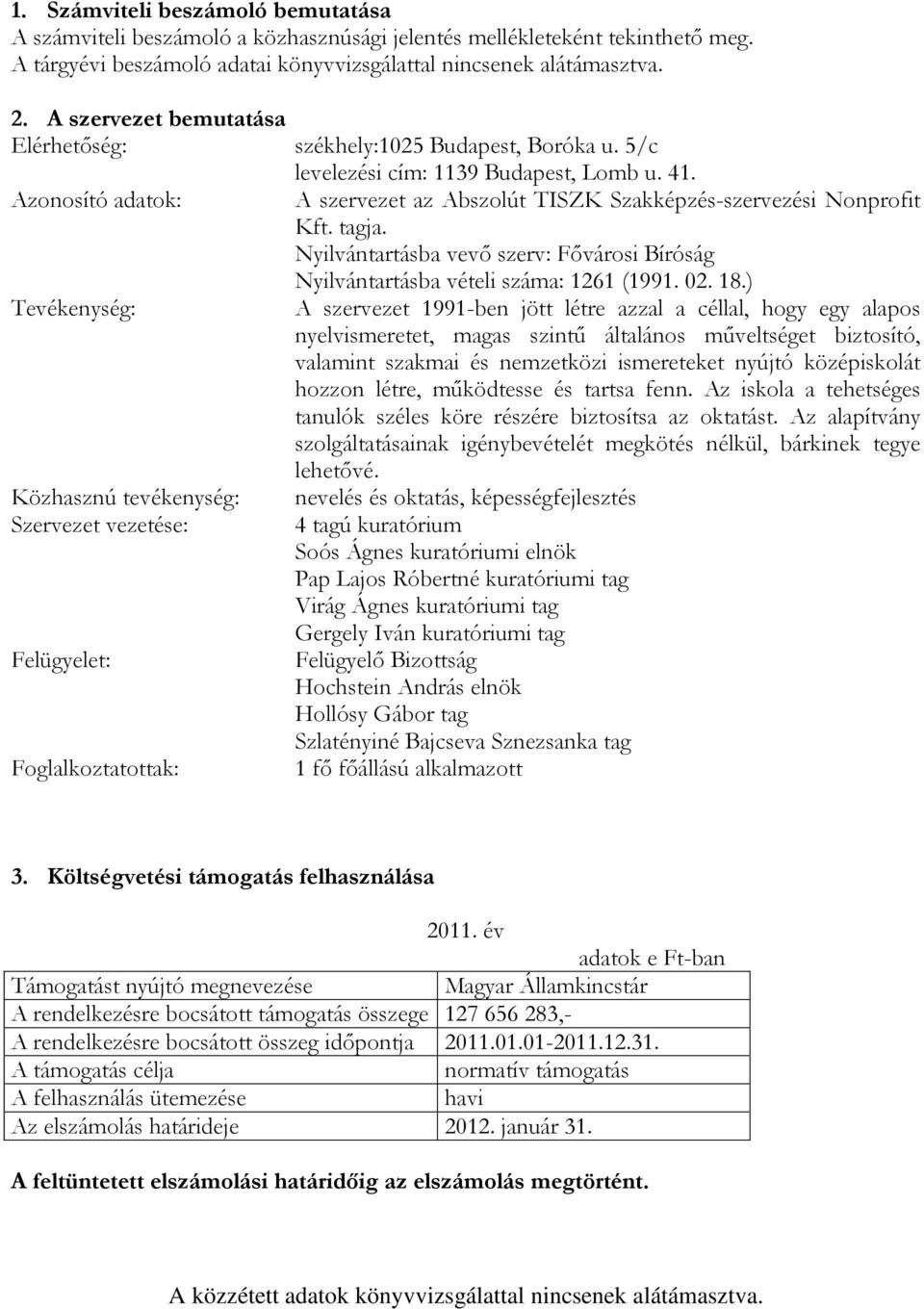 Azonosító adatok: A szervezet az Abszolút TISZK Szakképzés-szervezési Nonprofit Kft. tagja. Nyilvántartásba vevő szerv: Fővárosi Bíróság Nyilvántartásba vételi száma: 1261 (1991. 02. 18.