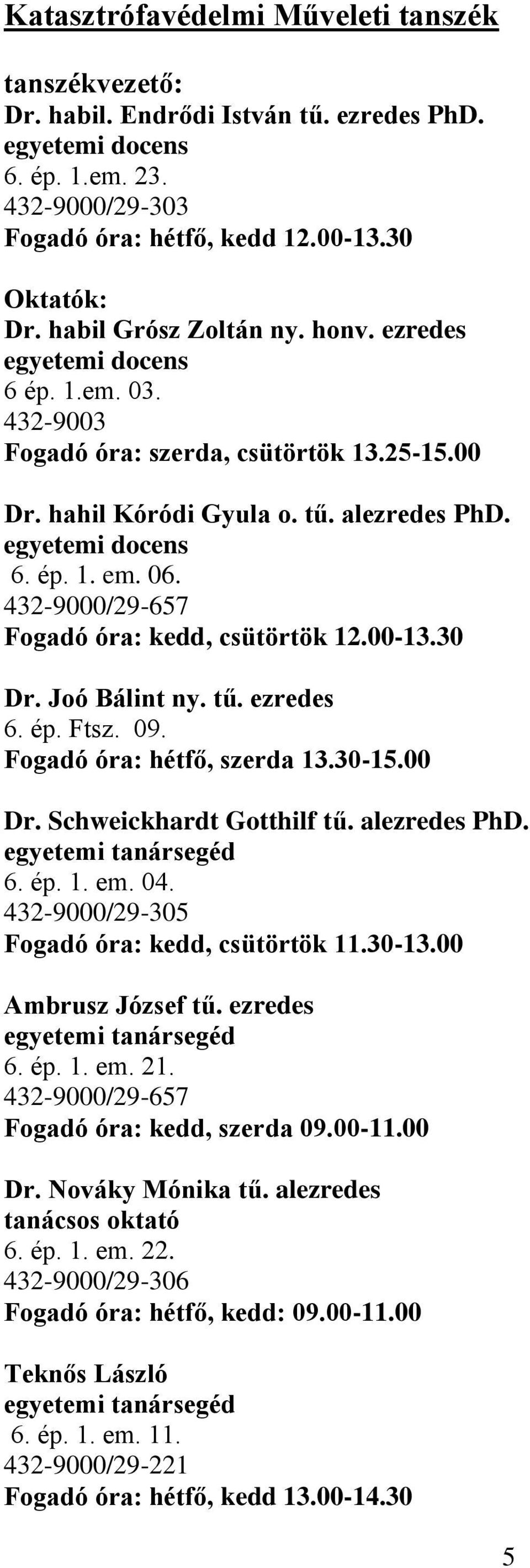 432-9000/29-657 Fogadó óra: kedd, csütörtök 12.00-13.30 Dr. Joó Bálint ny. tű. ezredes 6. ép. Ftsz. 09. Fogadó óra: hétfő, szerda 13.30-15.00 Dr. Schweickhardt Gotthilf tű. alezredes PhD.