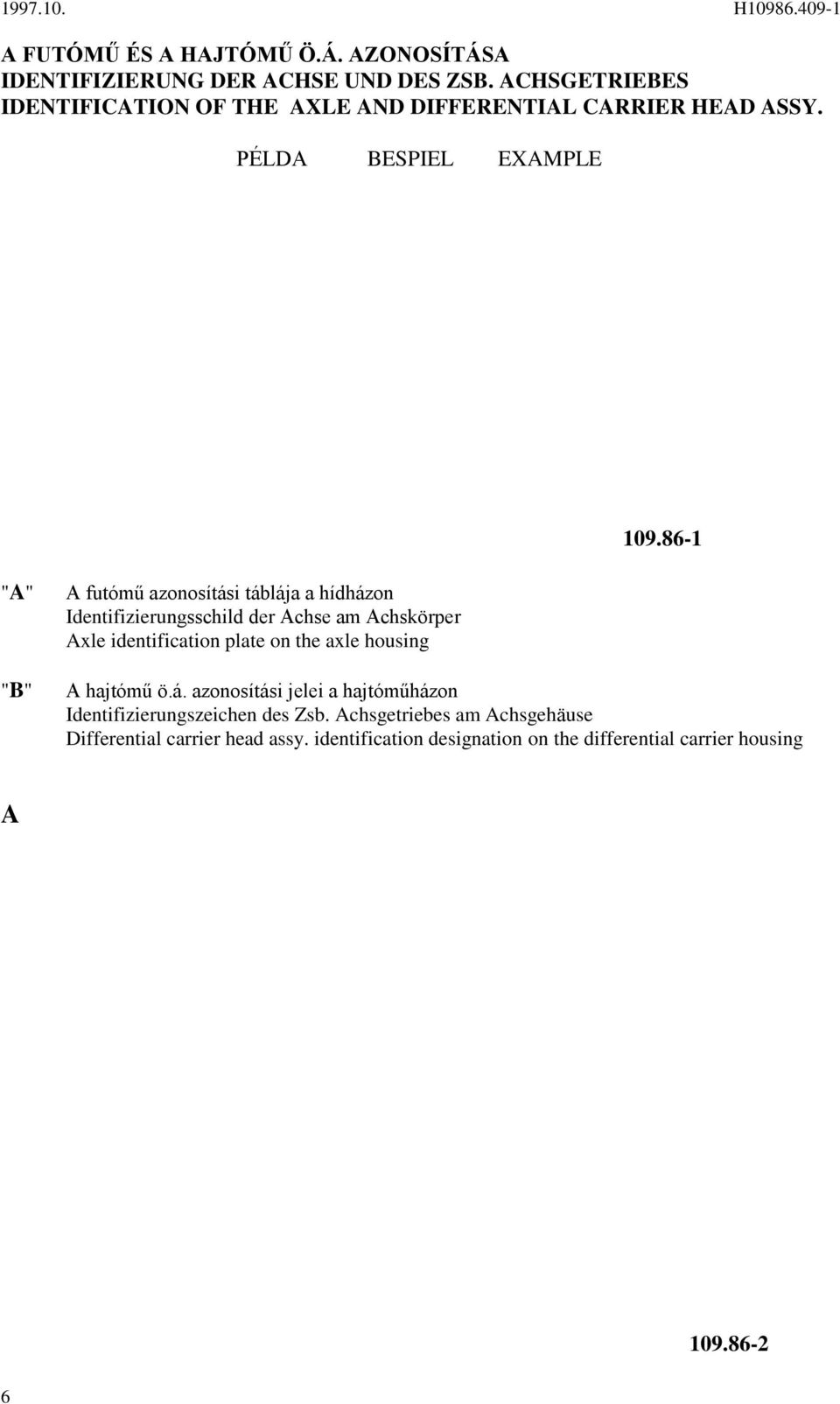 86- "A" "B" A futómű azonosítási táblája a hídházon Identifizierungsschild der Achse am Achskörper Axle identification plate on the axle