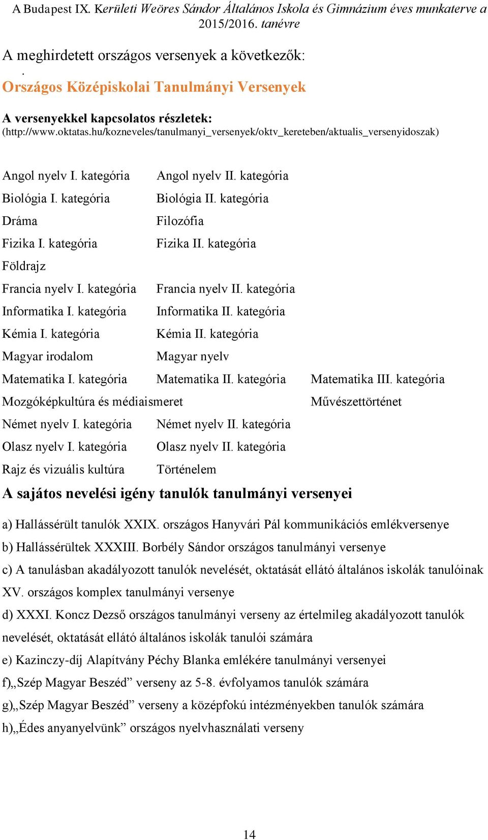 kategória Fizika II. kategória Földrajz Francia nyelv I. kategória Francia nyelv II. kategória Informatika I. kategória Informatika II. kategória Kémia I. kategória Kémia II.