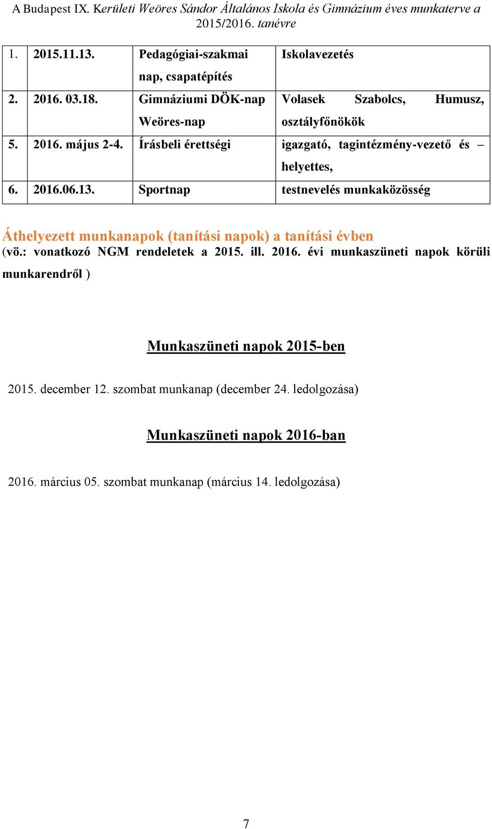 Sportnap testnevelés munkaközösség Áthelyezett munkanapok (tanítási napok) a tanítási évben (vö.: vonatkozó NGM rendeletek a 2015. ill. 2016.