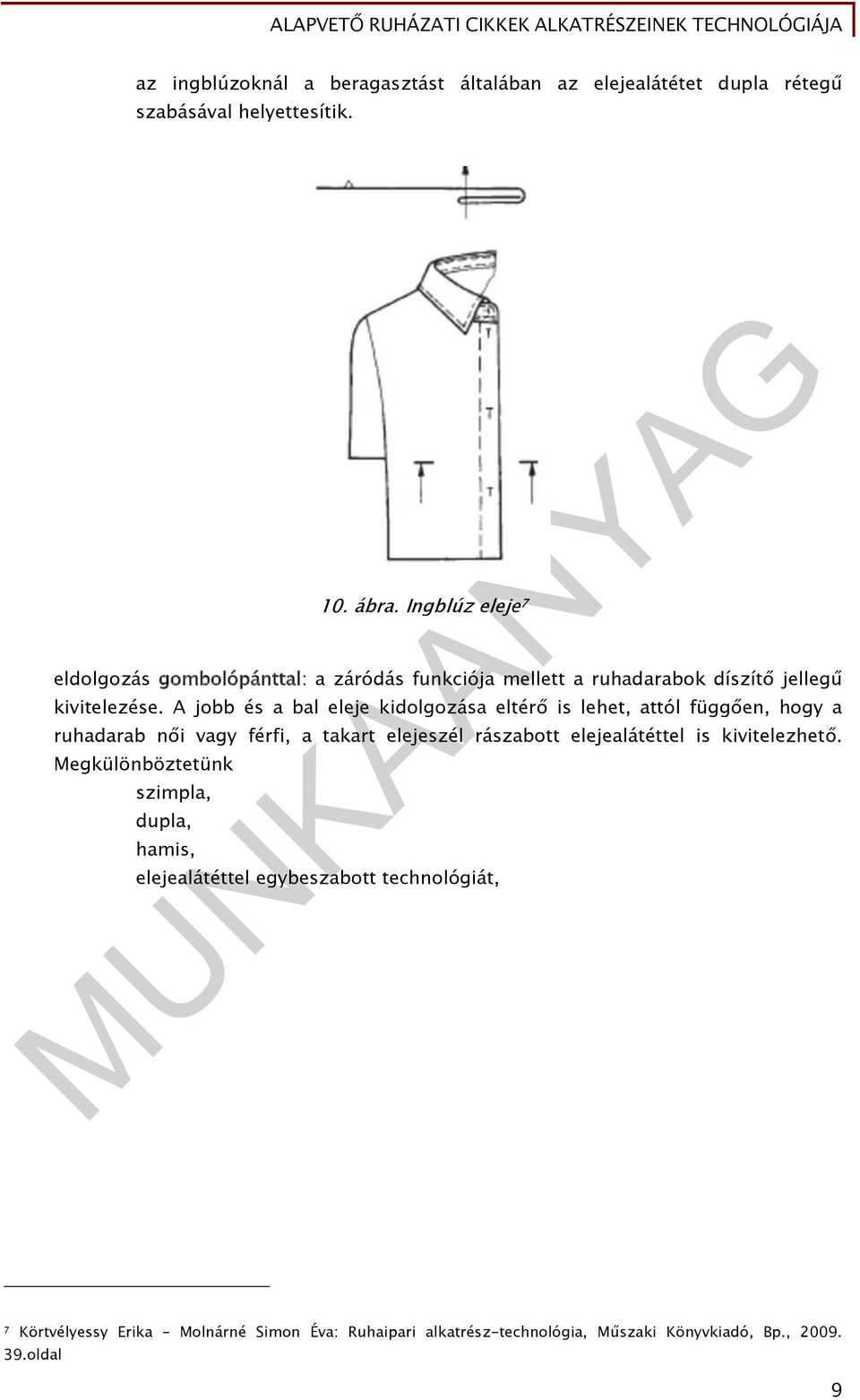 A jobb és a bal eleje kidolgozása eltérő is lehet, attól függően, hogy a ruhadarab női vagy férfi, a takart elejeszél rászabott elejealátéttel is