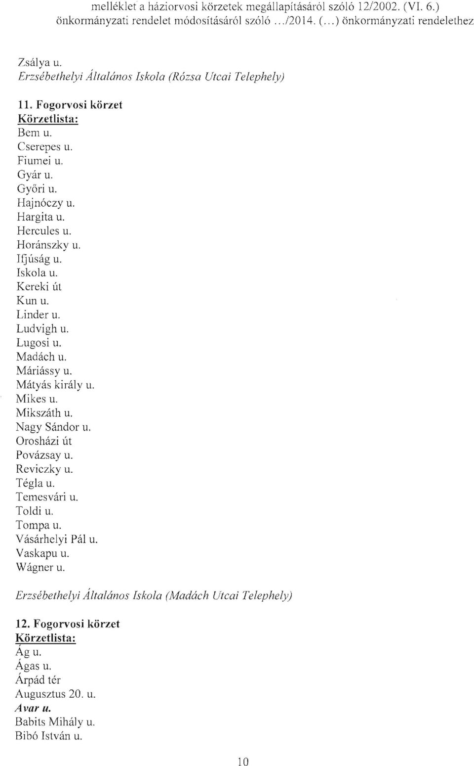 Lugosi u. Madách u. Máriássy u. Mátyás király u. Mikes u. Mikszáth u. Nagy Sándor u. Orosházi út Povázsay u. Reviczky u. Tégla u. Temesvári u. Toldi u. Tompa u.