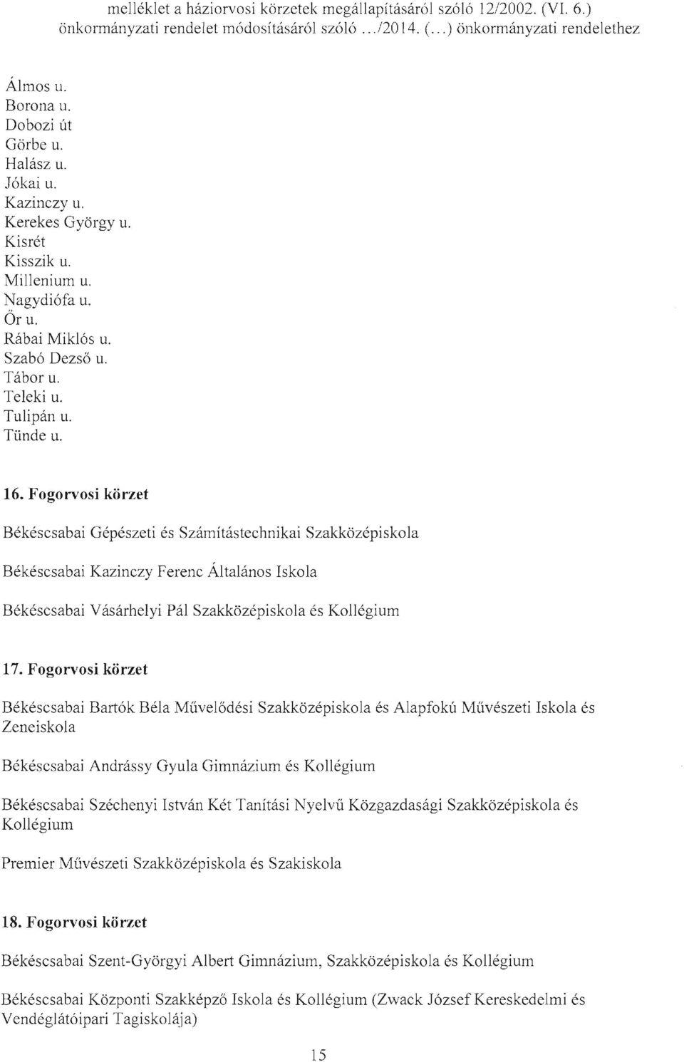 Fogorvosi körzet Békéscsabai Gépészeti és Számítástechnikai Szakközépiskola Békéscsabai Kazinczy Ferenc Általános Iskola Békéscsabai Vásárhelyi Pál Szakközépiskola és Kollégium 17.