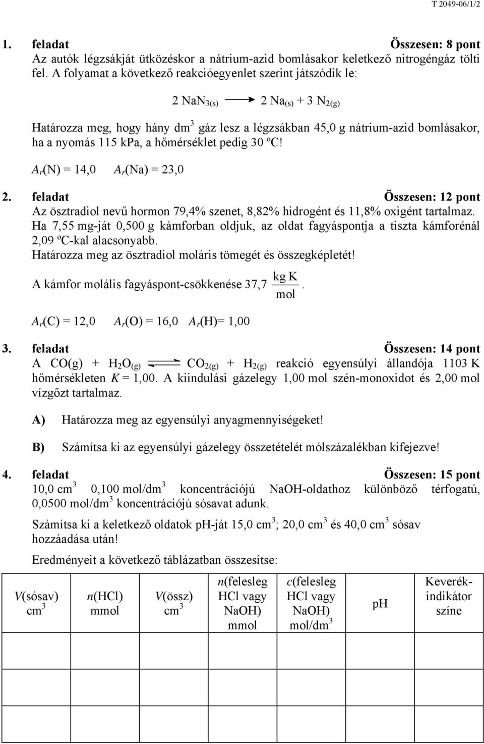 hőmérséklet pedig 30 ºC! A r (N) = 14,0 A r (Na) = 23,0 2. feladat Összesen: 12 pont Az ösztradiol nevű hormon 79,4% szenet, 8,82% hidrogént és 11,8% oxigént tartalmaz.