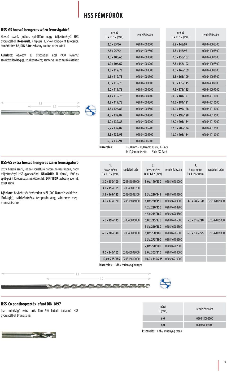 Ajánlott: ötvözött és ötvözetlen acél (900 N/mm2 szakítószilárdságig), szürkeöntvény, szintervas megmunkálásához L1 HSS-GS extra hosszú hengeres szárú fémcsigafúró Extra hosszú szárú, jobbos