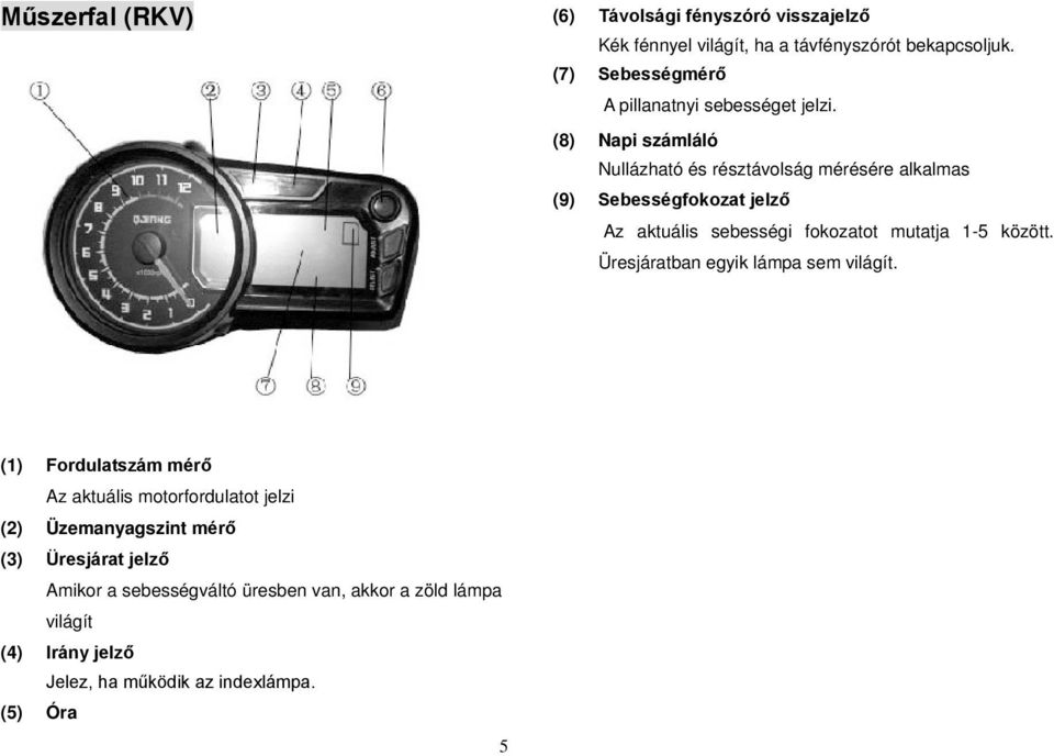 (8) Napi számláló Nullázható és résztávolság mérésére alkalmas (9) Sebességfokozat jelző Az aktuális sebességi fokozatot mutatja 1-5